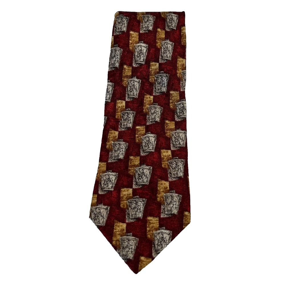 Villa Bolgheri Mens Silk Necktie Red Gray Gold Yellow‎ Print Tie Italy 100% Silk